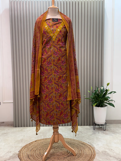 Unstitched Cotton Suit with V-Neck Mirror Work – 3 Pc Set