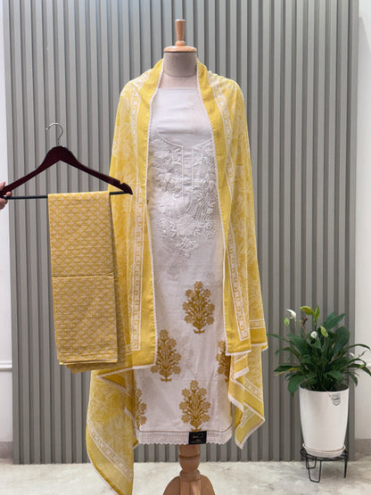 Unstitched Embroidered Neck Cotton Suit – Yellow
