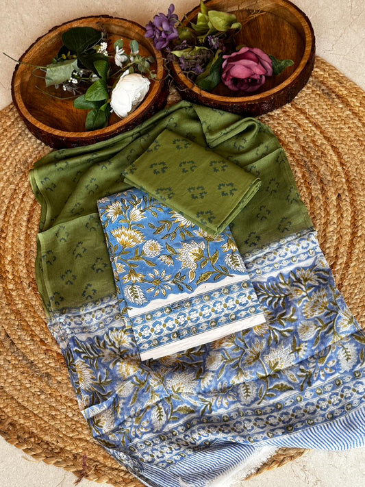 Unstitched Cotton Suit with Chiffon Dupatta – Olive Green
