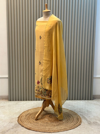 Unstitched Heavy Embroidery Mul Chanderi Suit – Yellow