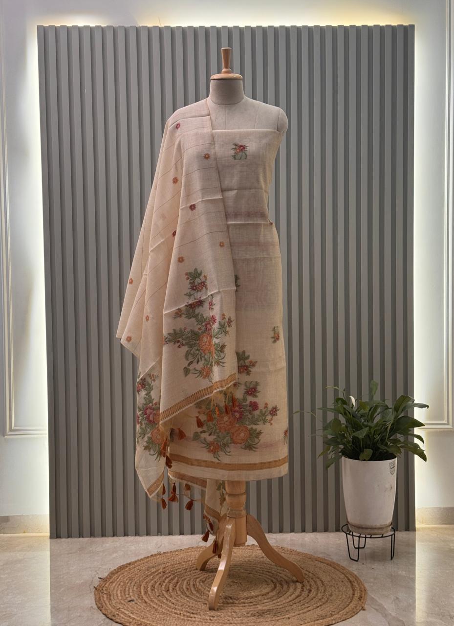 Jamdani Weaving Munga Cotton Fabric 3pc suit with back and sleeves fabric