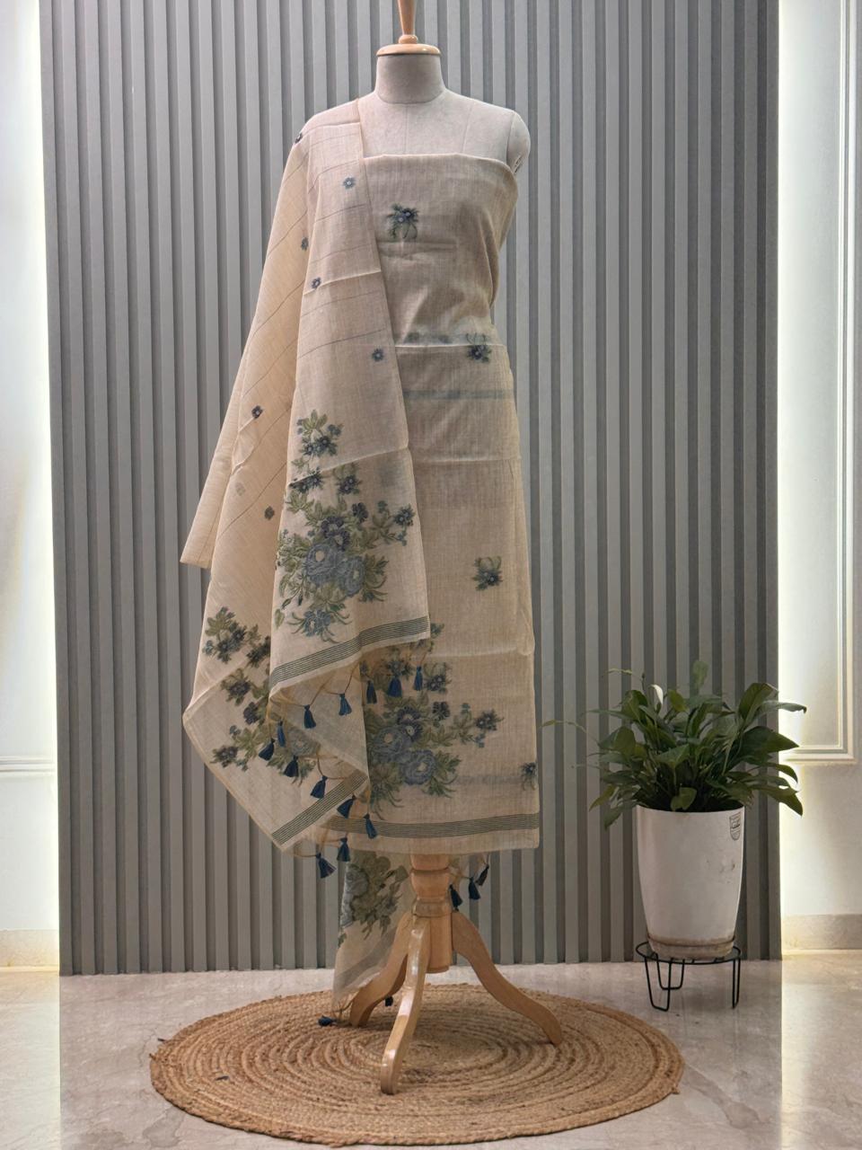 Jamdani Weaving Munga Cotton Fabric 3pc suit with back and sleeves fabric