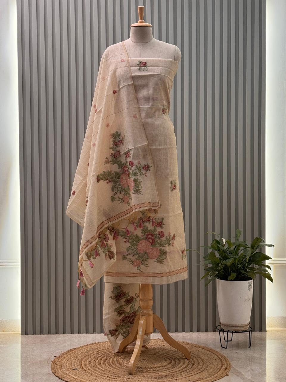 Jamdani Weaving Munga Cotton Fabric 3pc suit with back and sleeves fabric