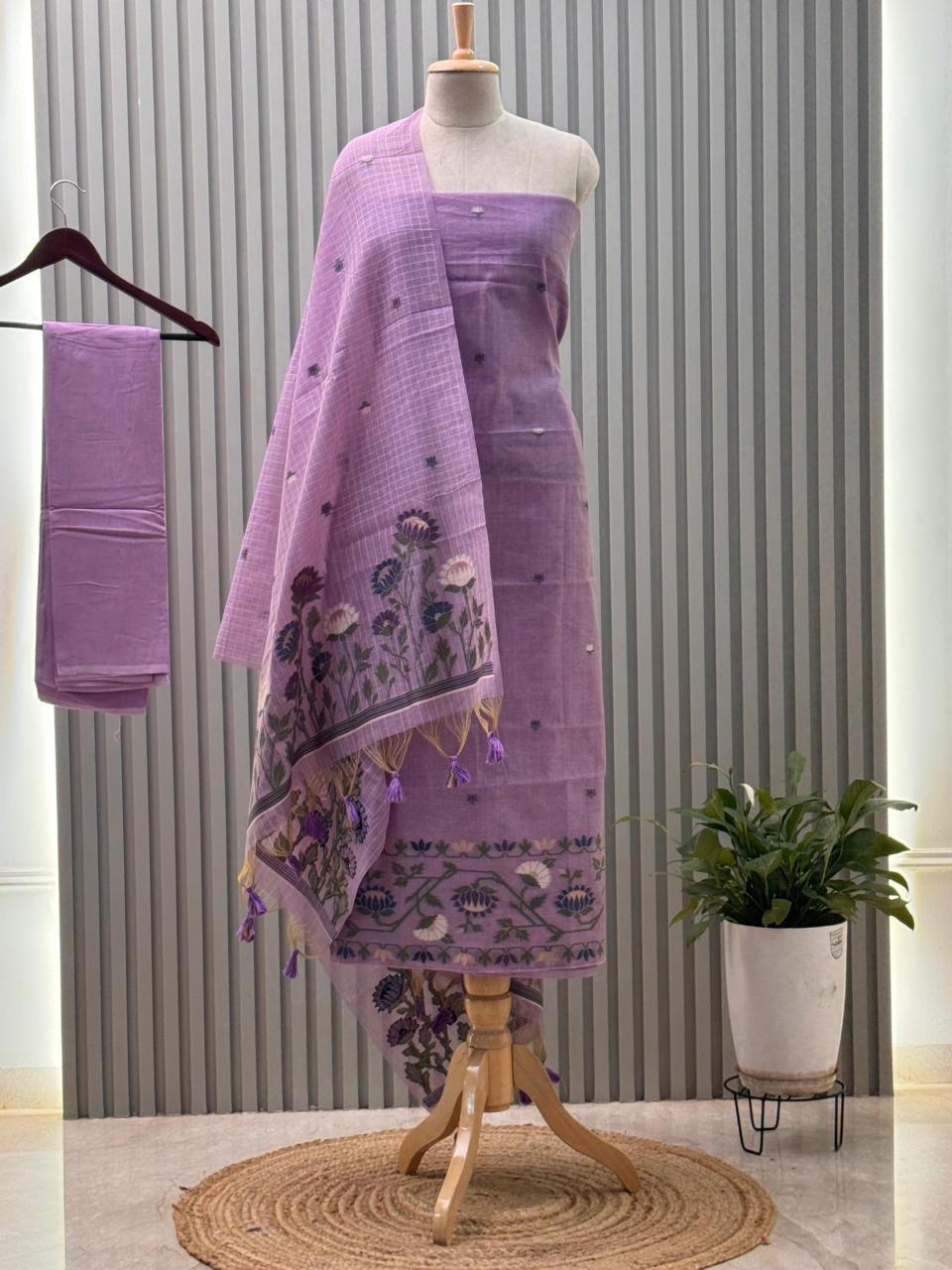Jamdani Weaving Munga Cotton Fabric 3pc suit with back and sleeves fabric