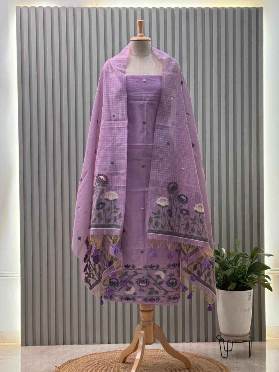 Jamdani Weaving Munga Cotton Fabric 3pc suit with back and sleeves fabric