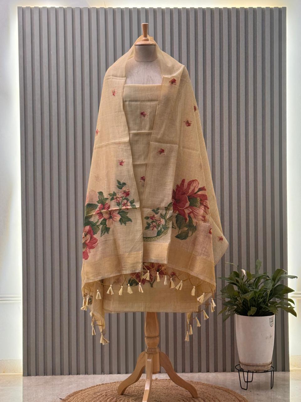 Jamdani Weaving Munga Cotton Fabric 3pc suit with back and sleeves fabric