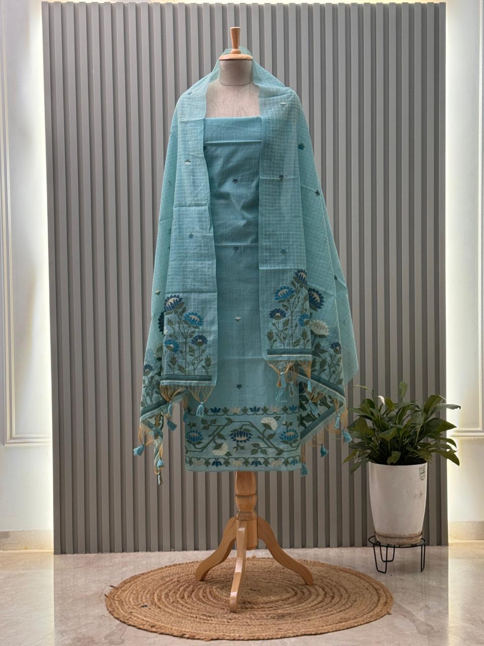 Jamdani Weaving Munga Cotton Fabric 3pc suit with back and sleeves fabric