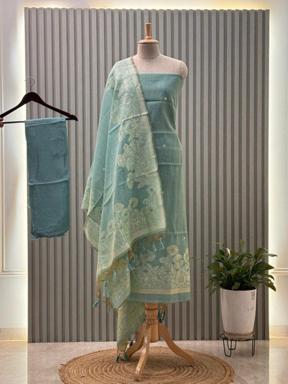 Unstitched Jamdani Weave Munga Cotton Suit – Light Blue