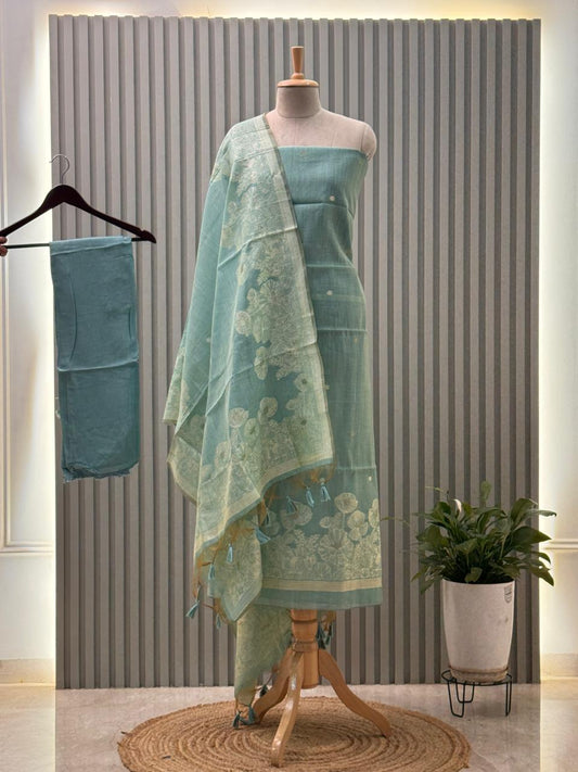 Unstitched Jamdani Weave Munga Cotton Suit – Light Blue