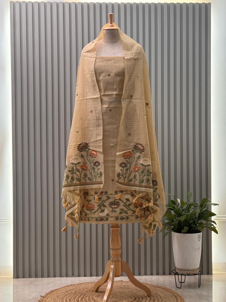 Jamdani Weaving Munga Cotton Fabric 3pc suit with back and sleeves fabric