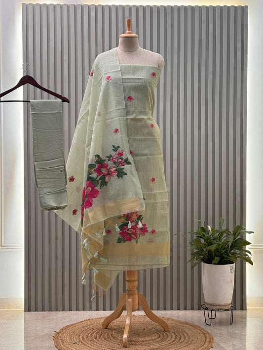 Unstitched Jamdani Weave Munga Cotton Suit – Light Green