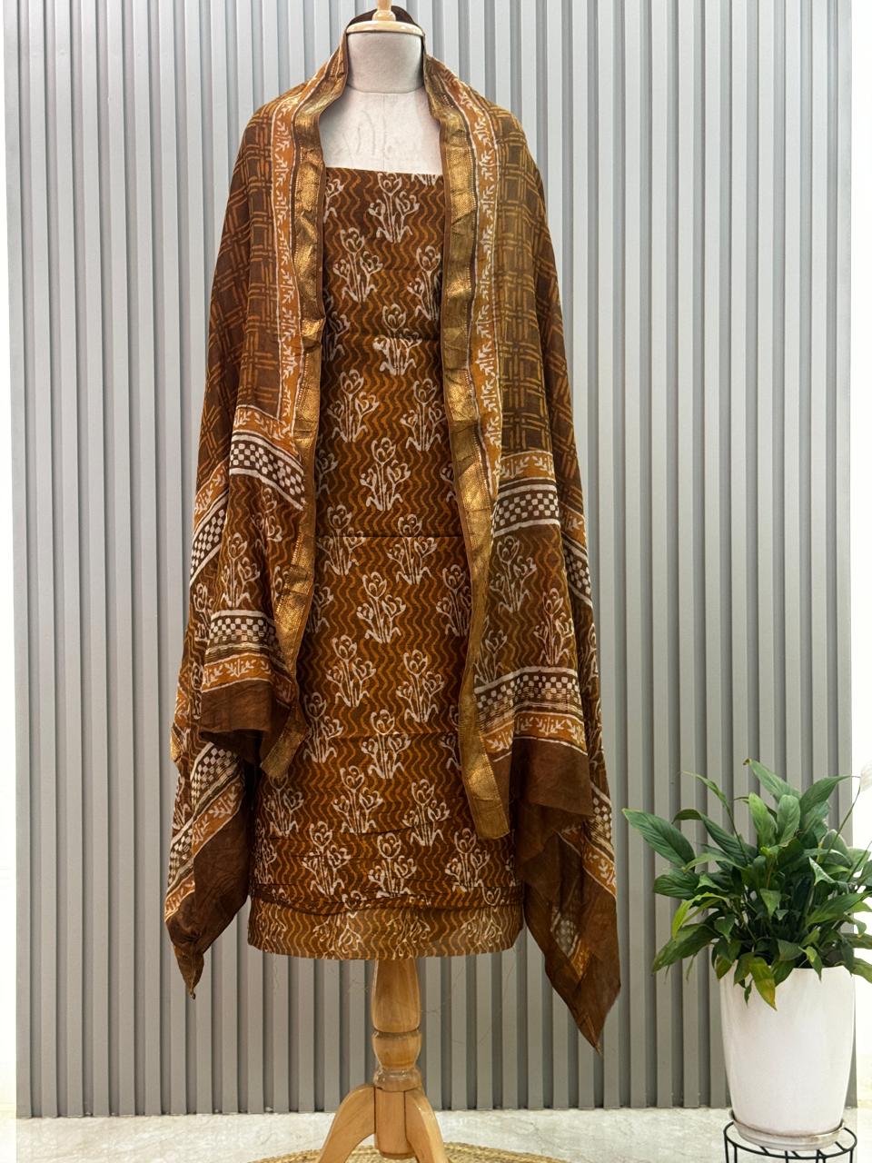 Maheshwari silk suit with handblock prints