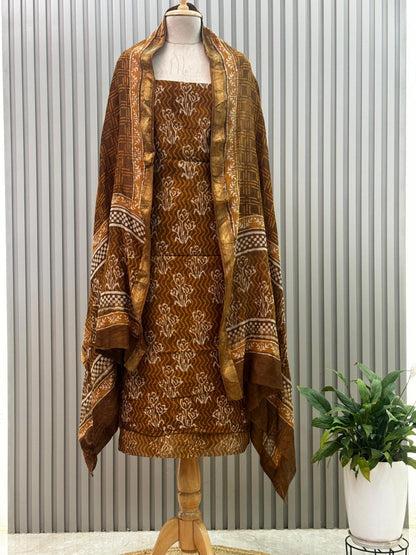 Unstitched Maheshwari Silk Suit with Hand Block Prints