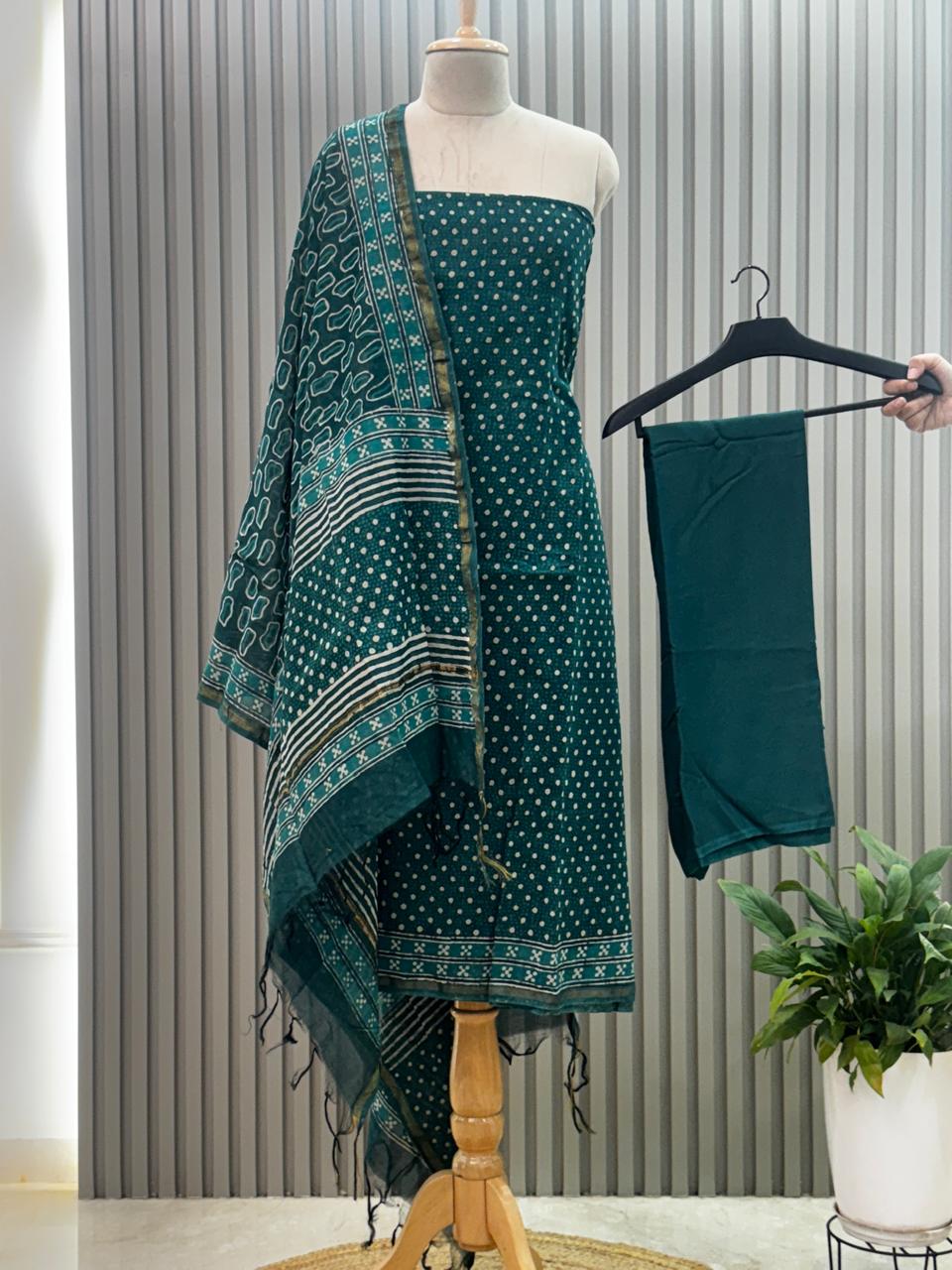 Pure chanderi silk suit with handblock prints