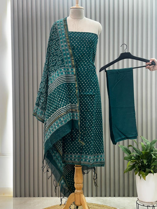 Unstitched Chanderi Silk Suit with Hand Block Print – Teal Green