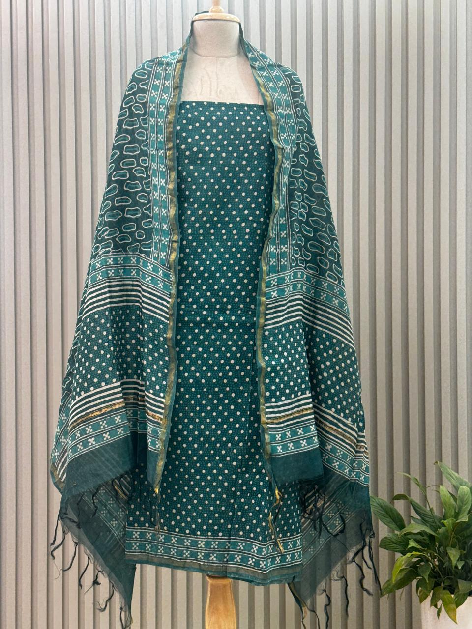 Pure chanderi silk suit with handblock prints