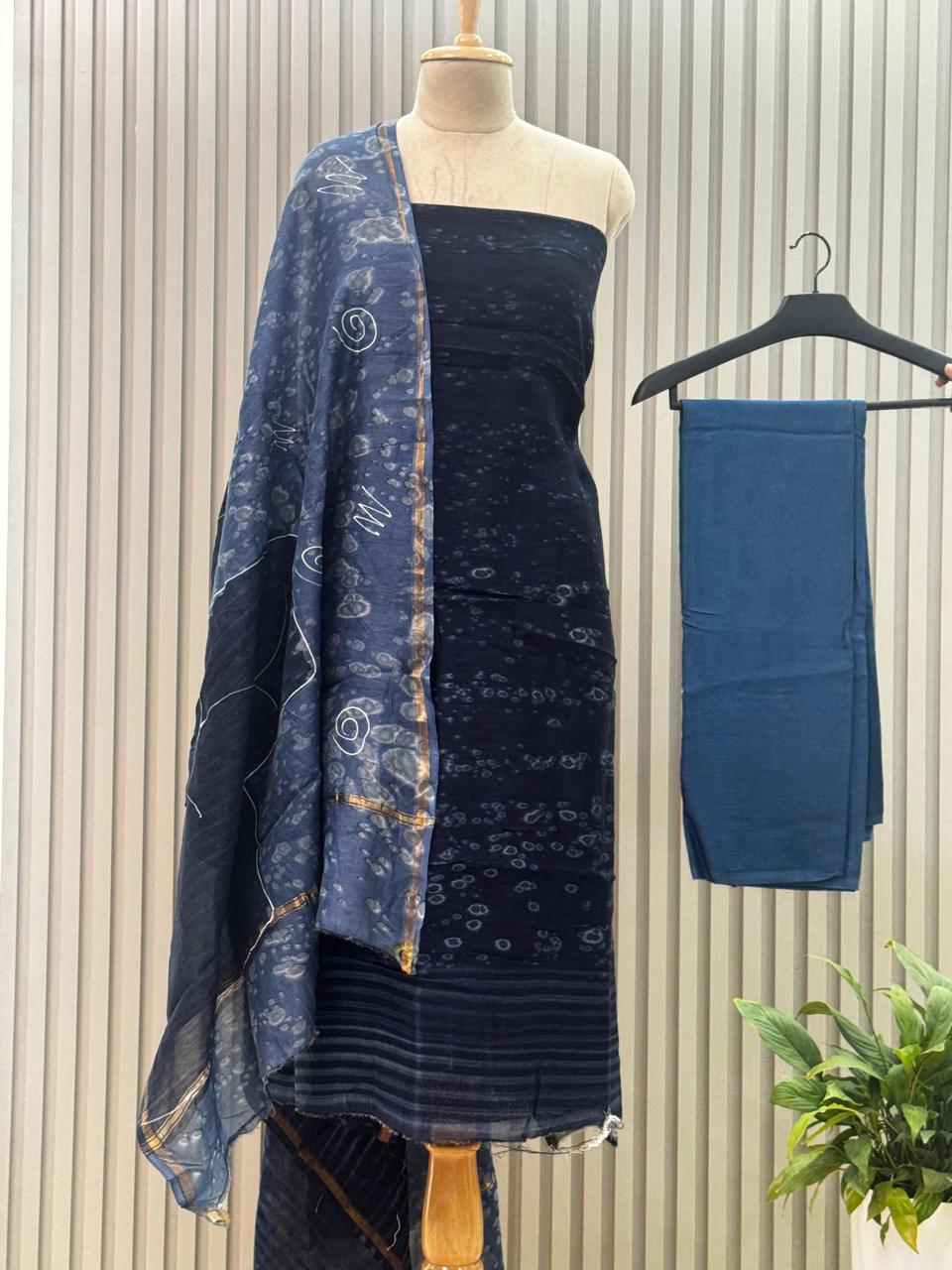 Pure chanderi silk suit with handblock prints