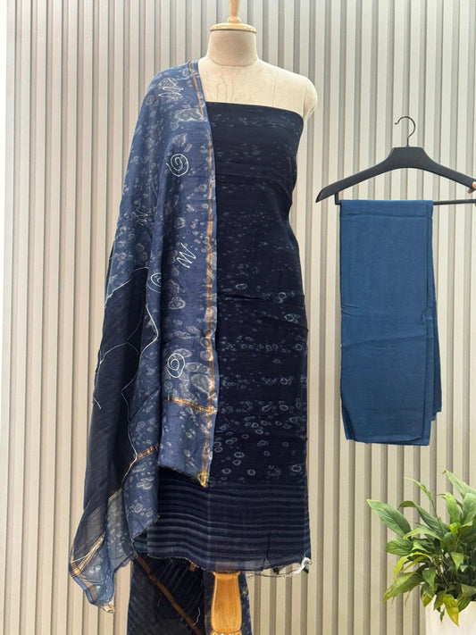 Unstitched Chanderi Silk Suit with Hand Block Print – Navy