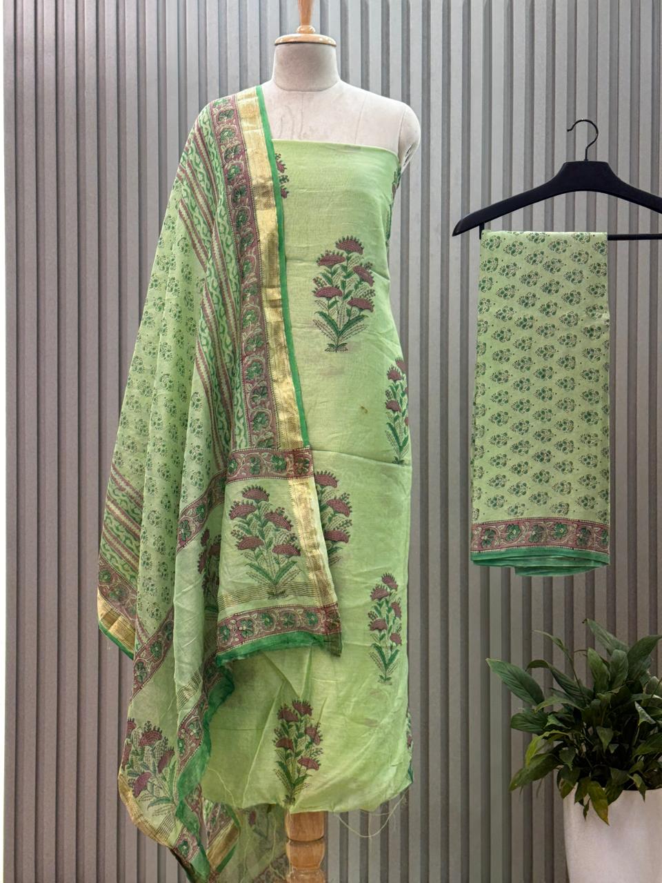 Maheshwari silk suit with handblock prints