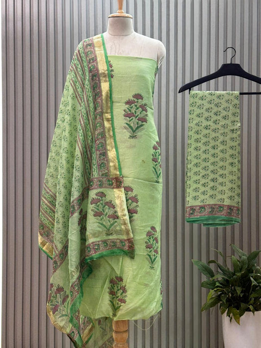 Unstitched Maheshwari Silk Suit with Hand Block Print – Green