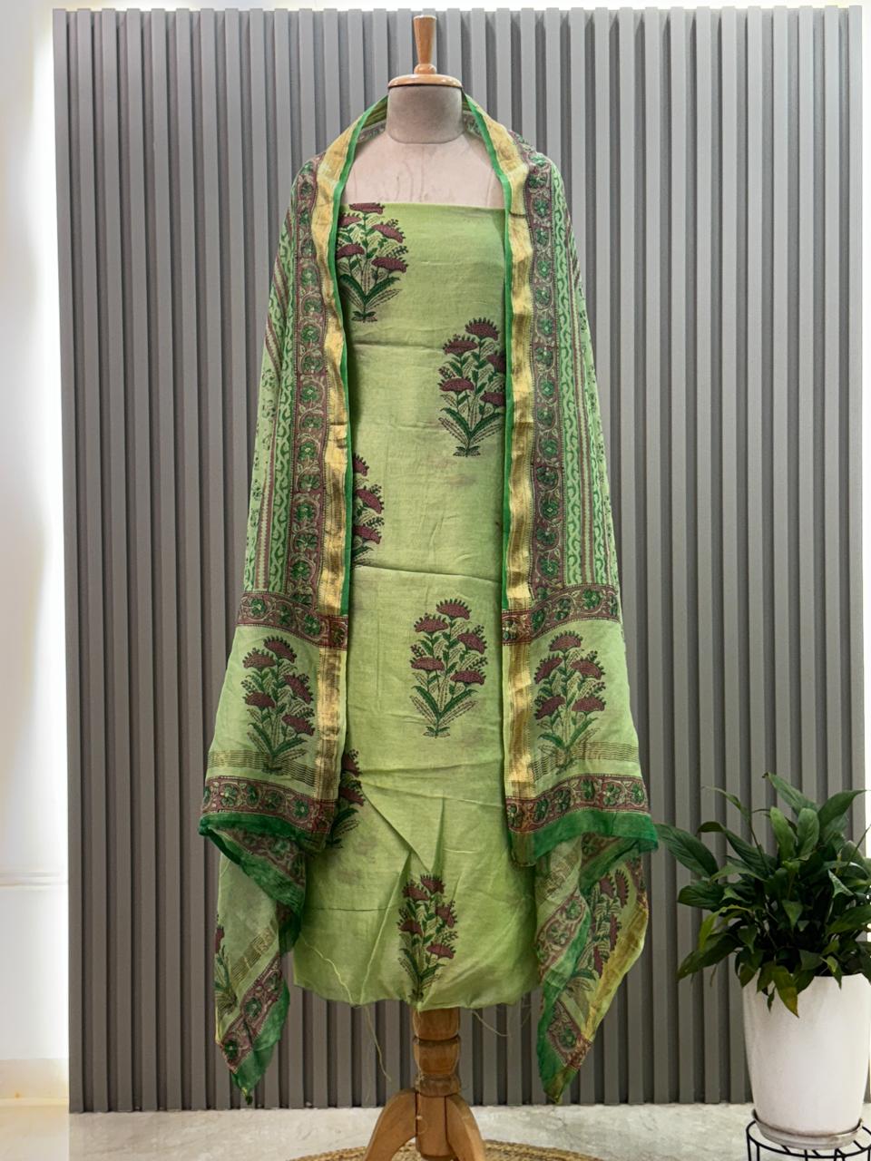 Maheshwari silk suit with handblock prints