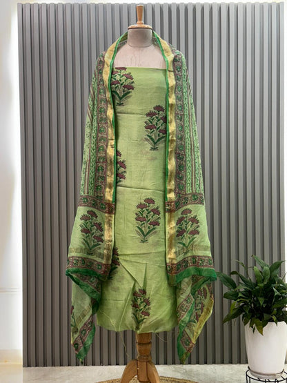 Unstitched Maheshwari Silk Suit with Hand Block Prints