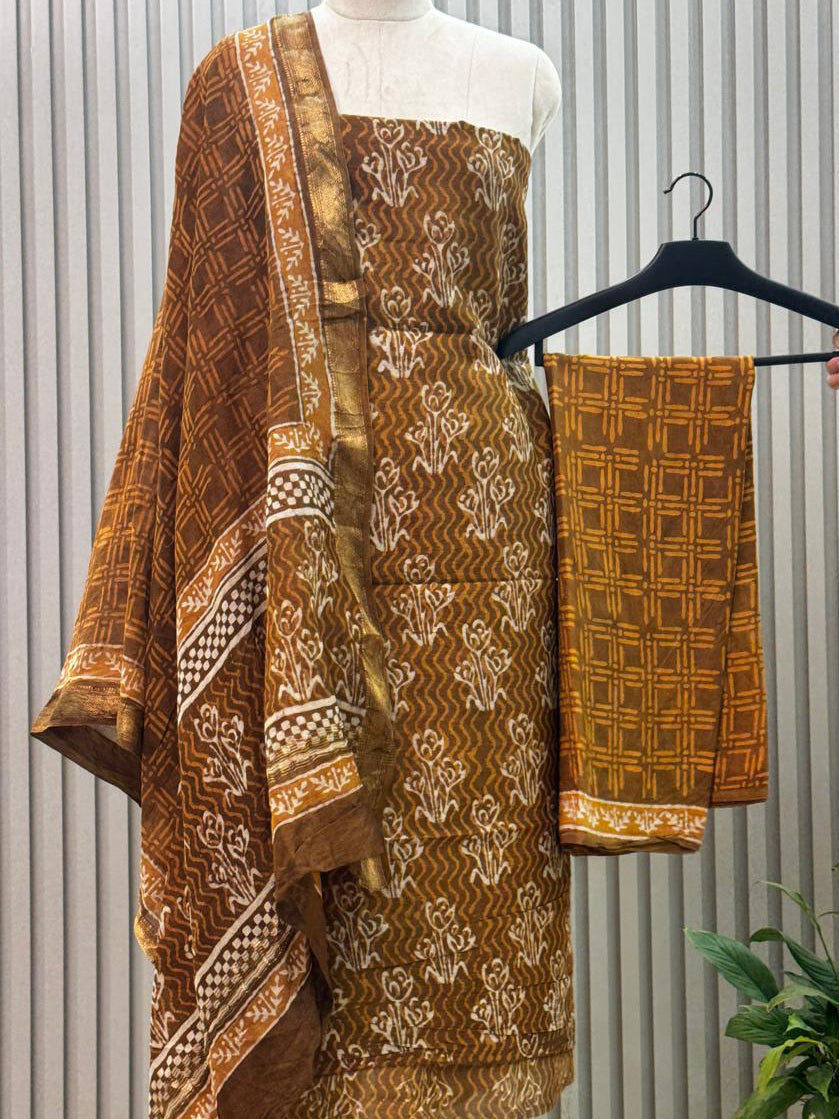 Maheshwari silk suit with handblock prints
