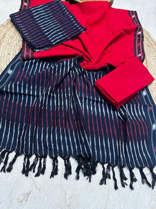Unstitched Cotton Handloom Ikkat Suit – Black