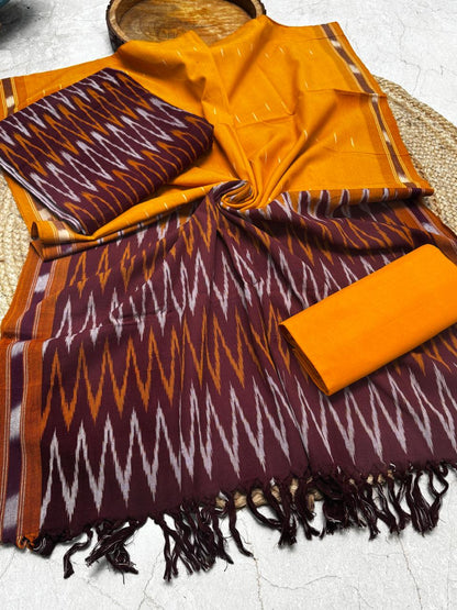 Unstitched Cotton Handloom Ikkat Suit – Dark Brown