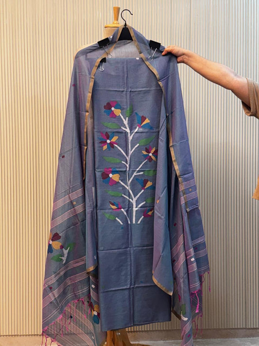 Unstitched Malai Cotton Handloom Jamdani Suit – Blue