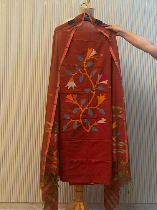 Unstitched Malai Cotton Handloom Jamdani Suit – Carrot Red