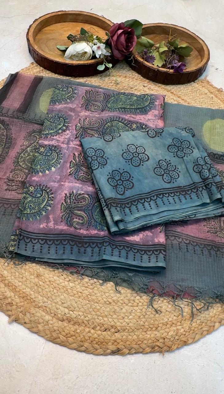 Natural Pomegranate & Vegetable Dyed, Pure Cotton Hand Block Print Suit Set with Kota Doria Dupatta |