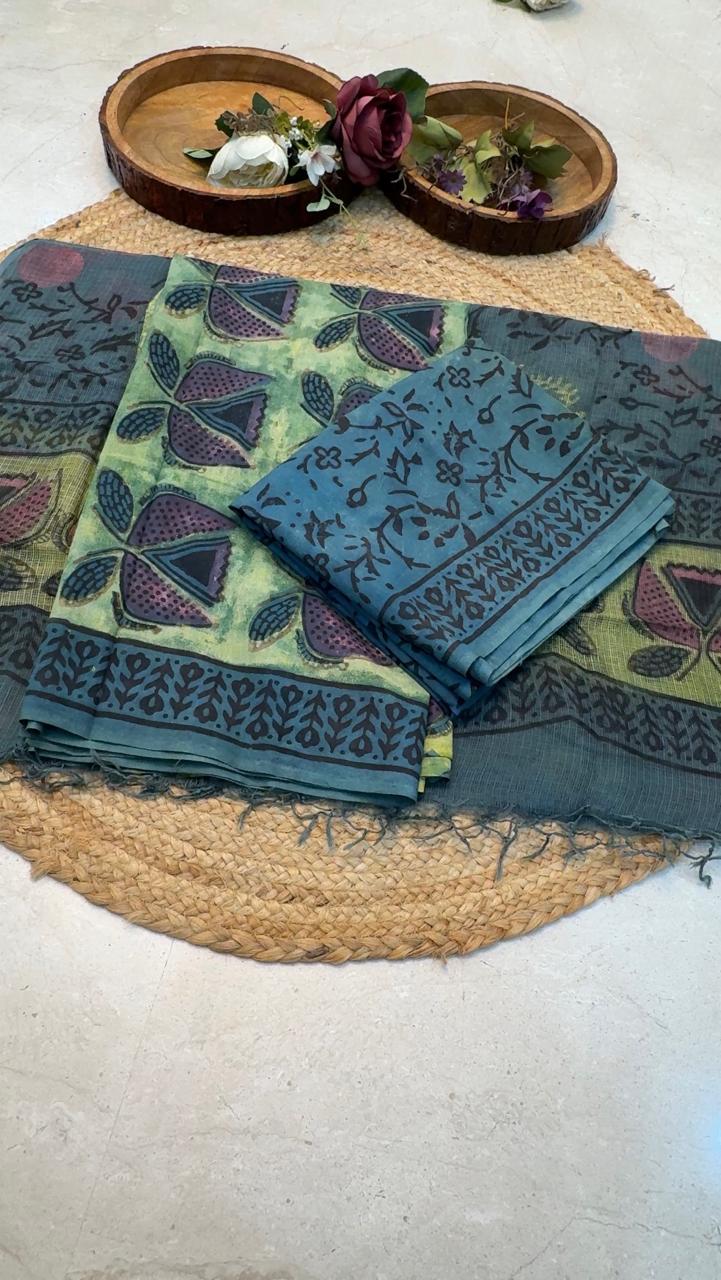 Natural Pomegranate & Vegetable Dyed, Pure Cotton Hand Block Print Suit Set with Kota Doria Dupatta |