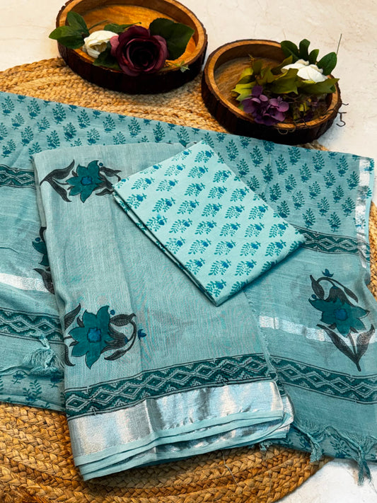 Unstitched Soft Cotton Linen Suit – Teal Green