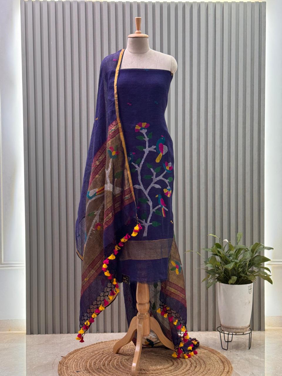 Paithani Jamdani Handloom 2-Piece Suit with Peacock Motif & Tassels