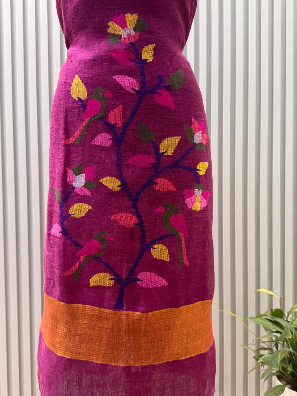 Paithani Jamdani Handloom 2-Piece Suit with Peacock Motif & Tassels