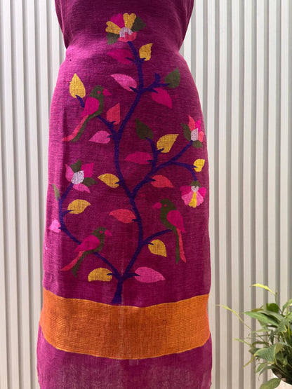 Unstitched Paithani Jamdani Handloom Suit with Peacock Motif & Tassels – 2 Pc Set