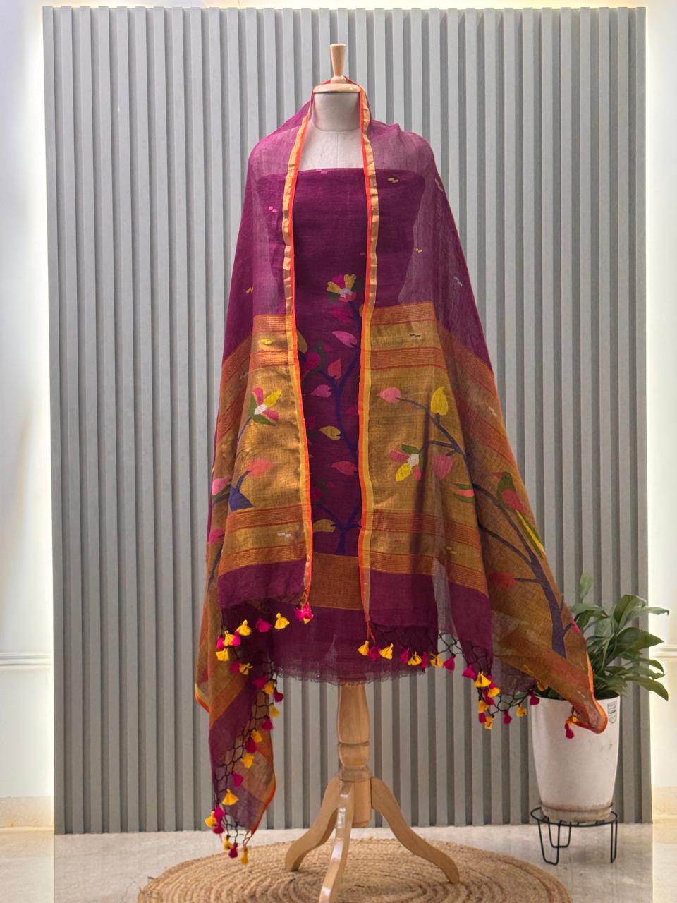 Paithani Jamdani Handloom 2-Piece Suit with Peacock Motif & Tassels