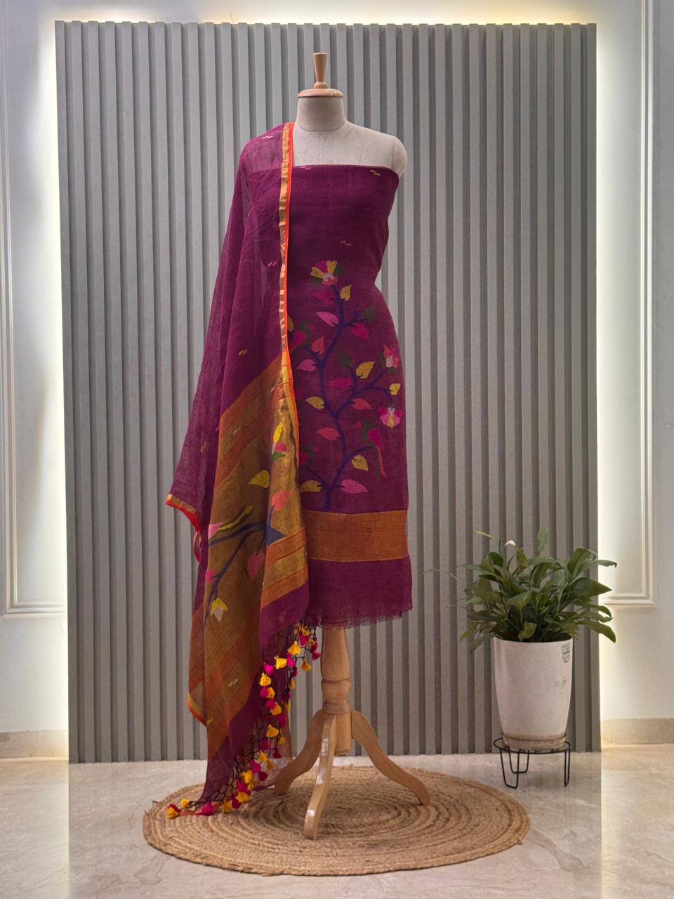 Paithani Jamdani Handloom 2-Piece Suit with Peacock Motif & Tassels