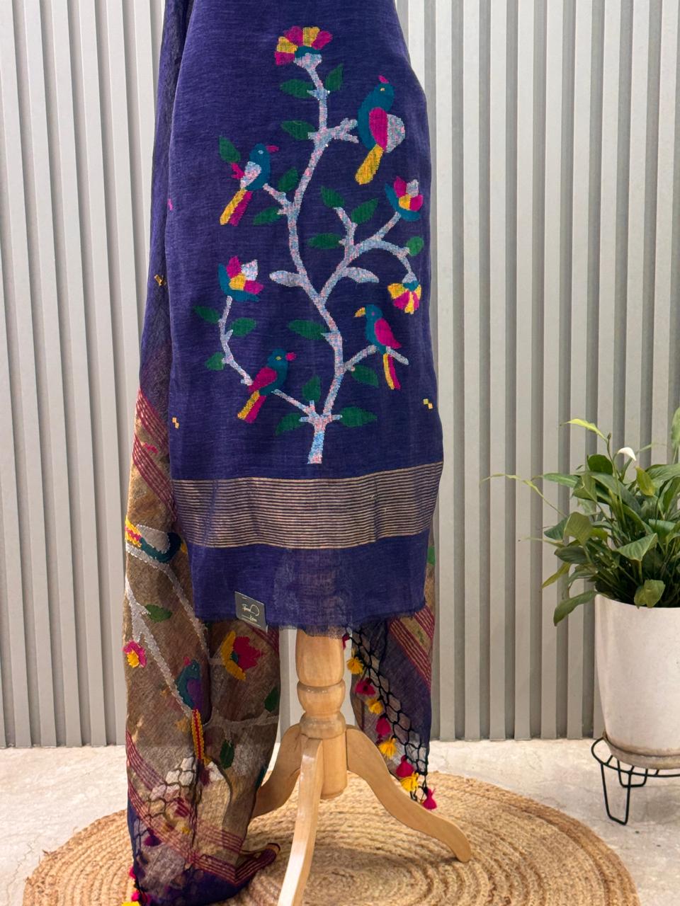 Paithani Jamdani Handloom 2-Piece Suit with Peacock Motif & Tassels