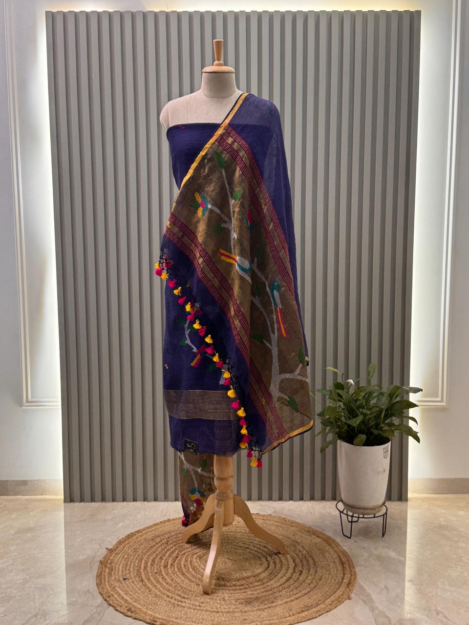 Paithani Jamdani Handloom 2-Piece Suit with Peacock Motif & Tassels