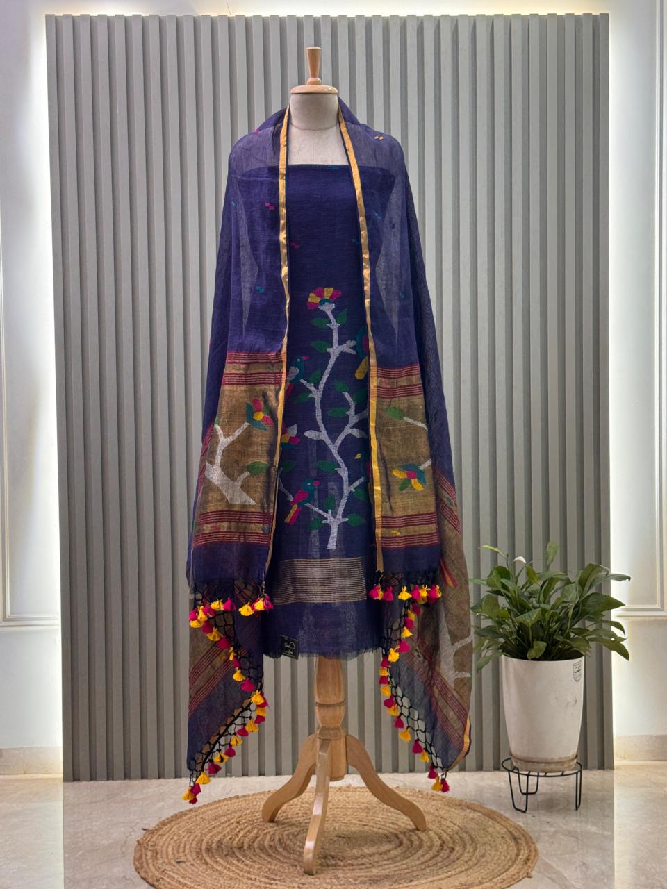 Paithani Jamdani Handloom 2-Piece Suit with Peacock Motif & Tassels