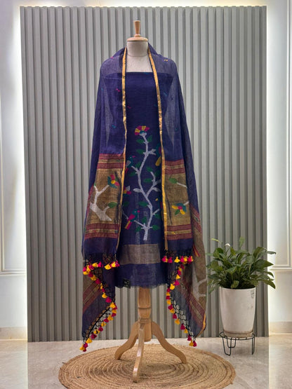 Unstitched Paithani Jamdani Handloom Suit with Peacock Motif & Tassels – 2 Pc Set
