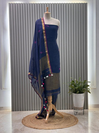 Unstitched Jayshree Linen Jamdani Suit – Midnight Blue