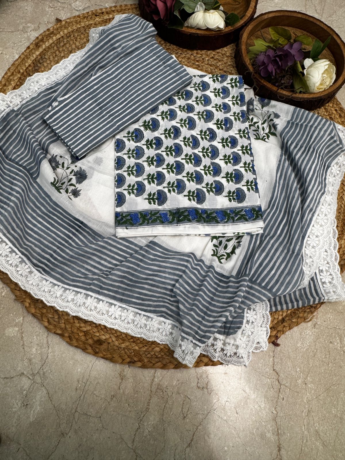 cotton block print suit with lace dupatta