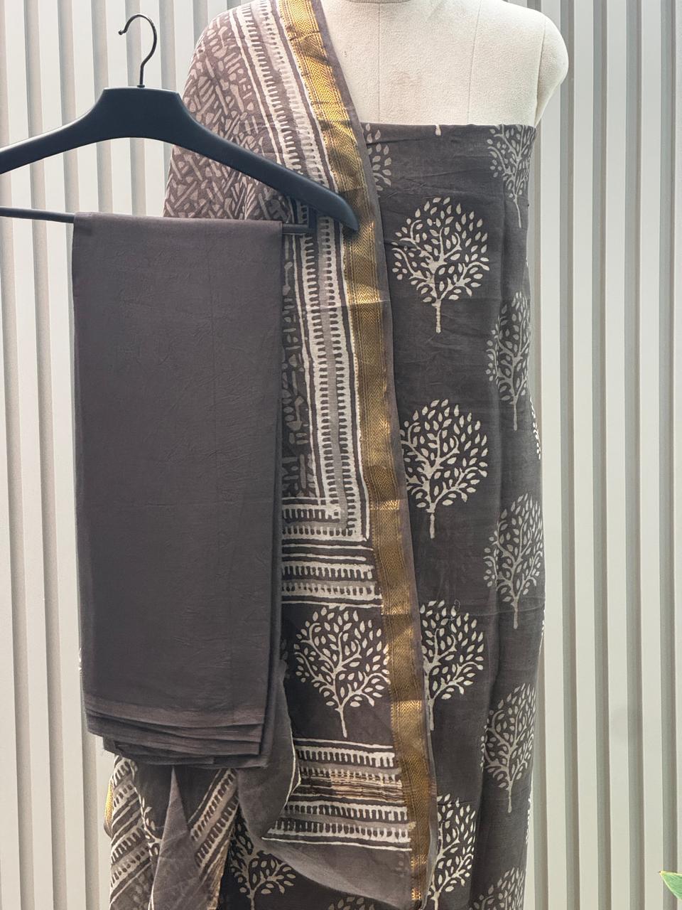 Maheshwari silk suit with handblock prints