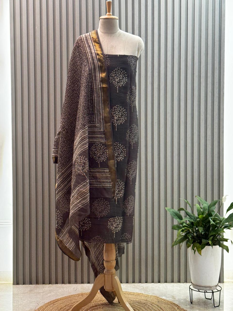 Maheshwari silk suit with handblock prints