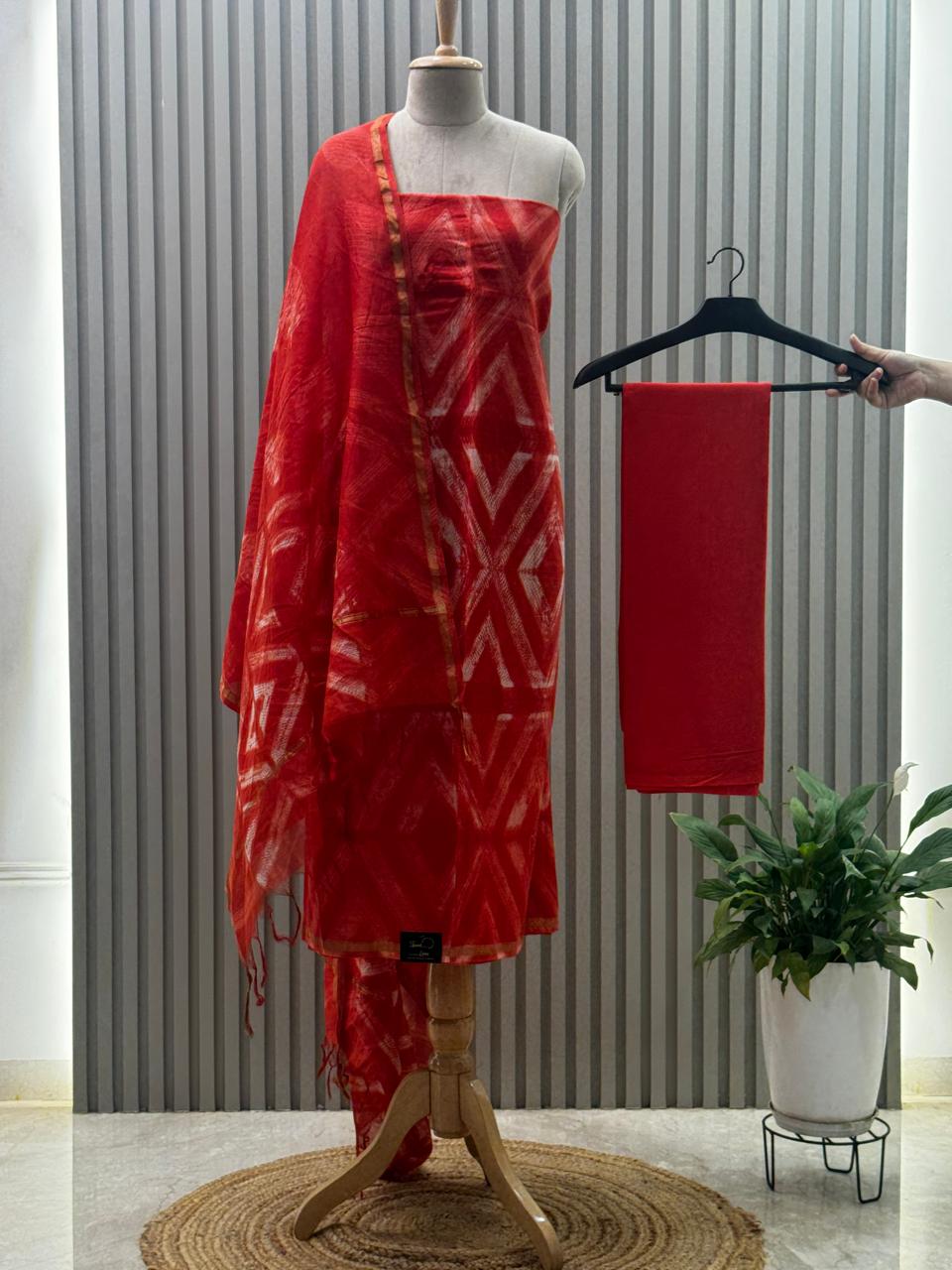 Pure chanderi silk suit with handblock prints