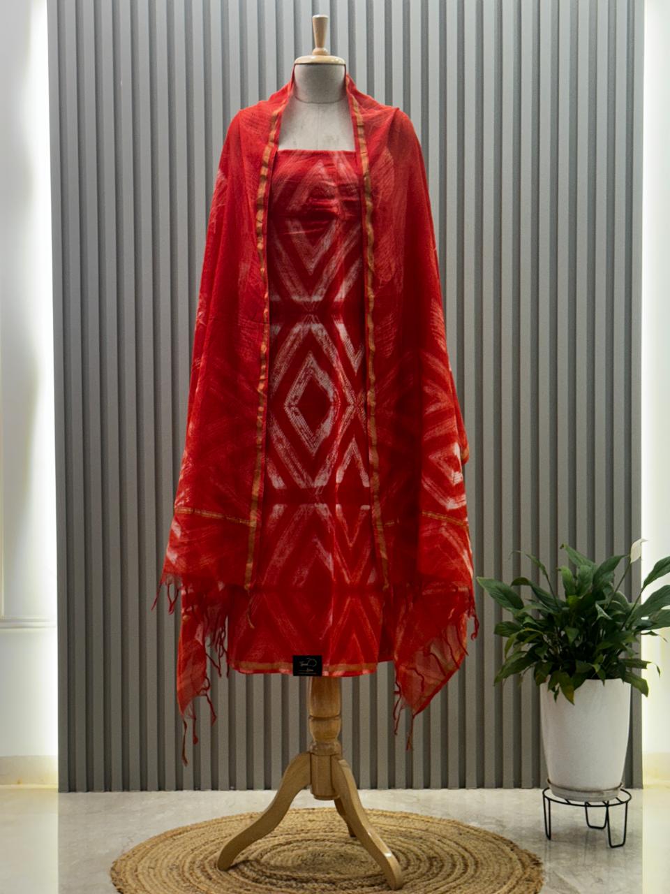 Pure chanderi silk suit with handblock prints