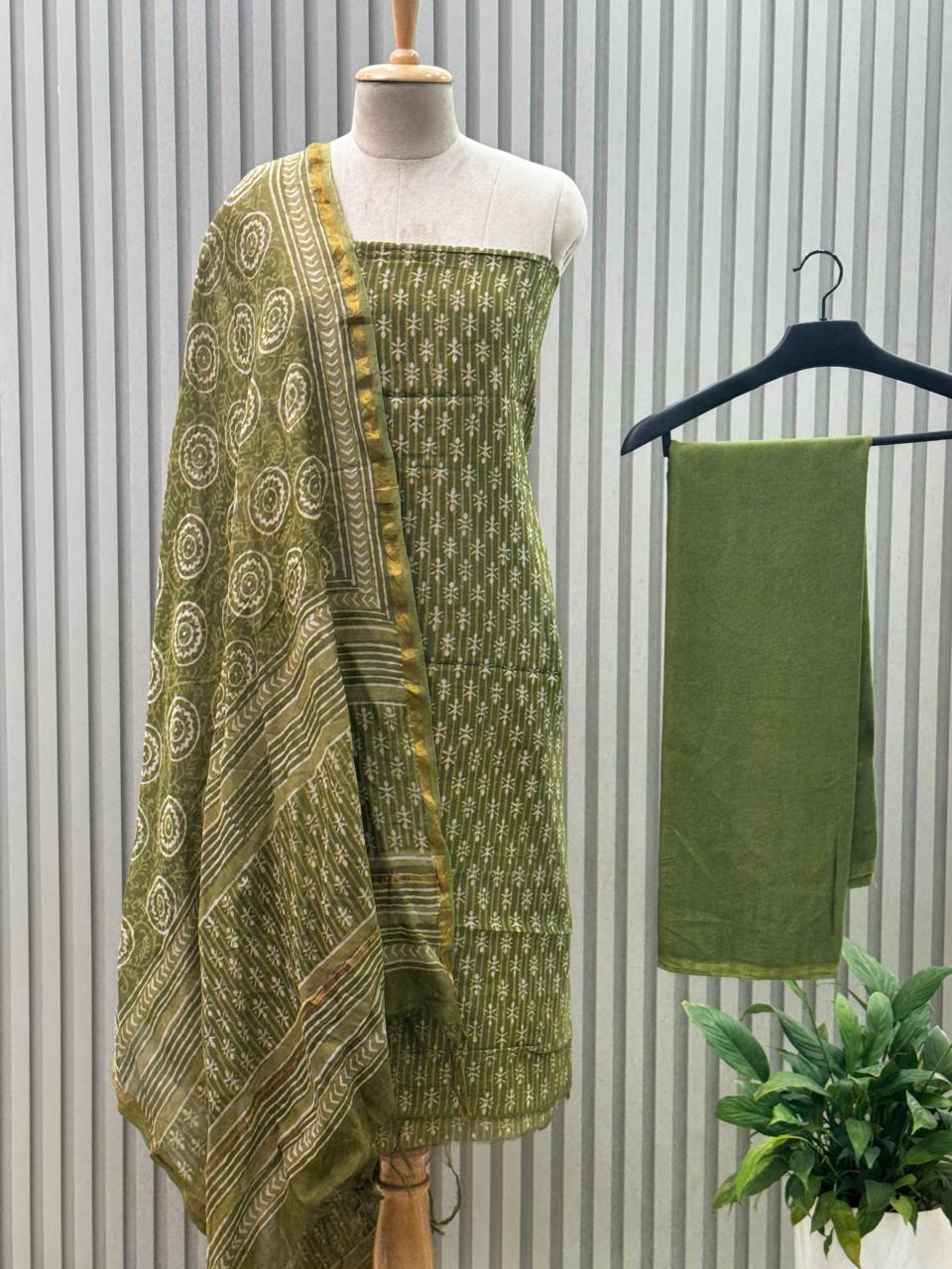 Unstitched Chanderi Silk Suit with Hand Block Print – Green